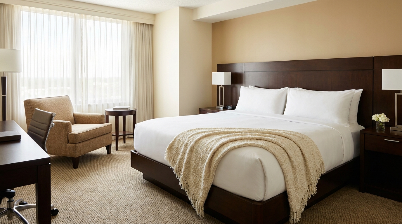 Hotel suite with king bed and seating area